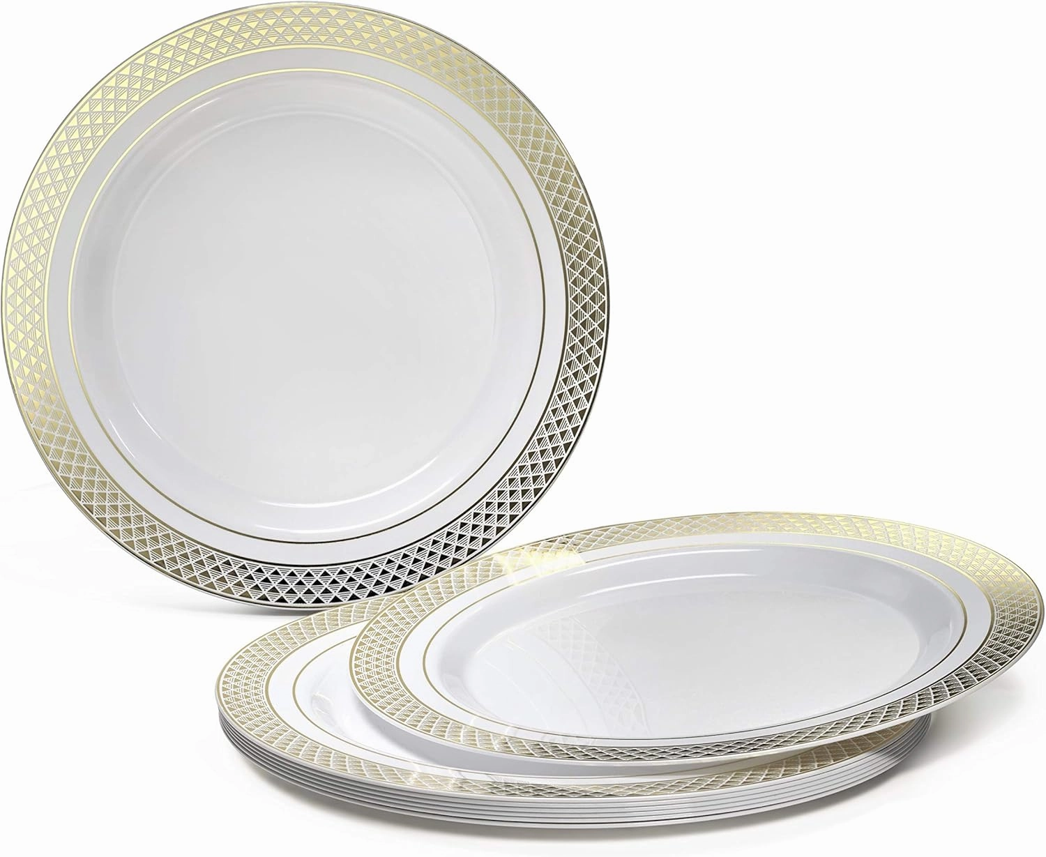 " OCCASIONS " 125pcs set (25 Guests)-Wedding Plastic Plates & cutlery -Disposable heavyweight Dinnerware 10.5'', 6.25''   Gold Silverware (Celebration White & Gold)
