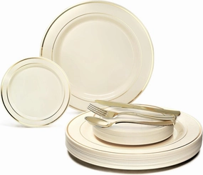 " OCCASIONS " 125pcs set (25 Guests)-Wedding Plastic Plates & cutlery -Disposable heavyweight Dinnerware 10.5'', 6.25''   Gold Silverware (Ivory & Gold Rim)
