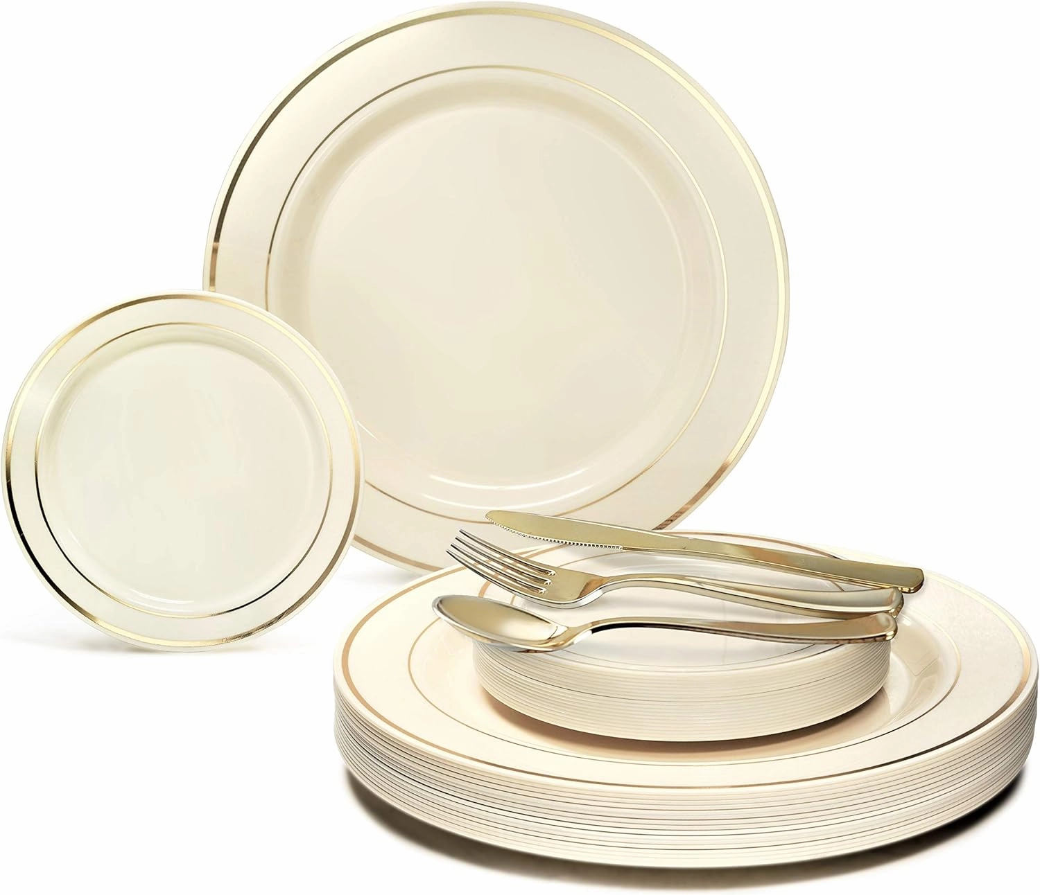 " OCCASIONS " 125pcs set (25 Guests)-Wedding Plastic Plates & cutlery -Disposable heavyweight Dinnerware 10.5'', 6.25''   Gold Silverware (Ivory & Gold Rim)