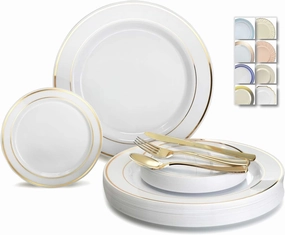 " OCCASIONS " 125pcs set (25 Guests)-Wedding Plastic Plates & cutlery -Disposable heavyweight Dinnerware 10.5'', 6.25''   Gold Silverware (White & Gold Rim)