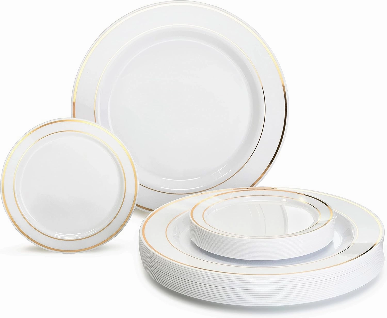 " OCCASIONS " 125pcs set (25 Guests)-Wedding Plastic Plates & cutlery -Disposable heavyweight Dinnerware 10.5'', 6.25''   Gold Silverware (White & Gold Rim)