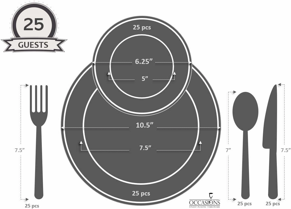 " OCCASIONS " 125pcs set (25 Guests)-Wedding Plastic Plates & cutlery -Disposable heavyweight Dinnerware 10.5'', 6.25''   Gold Silverware (White & Gold Rim)