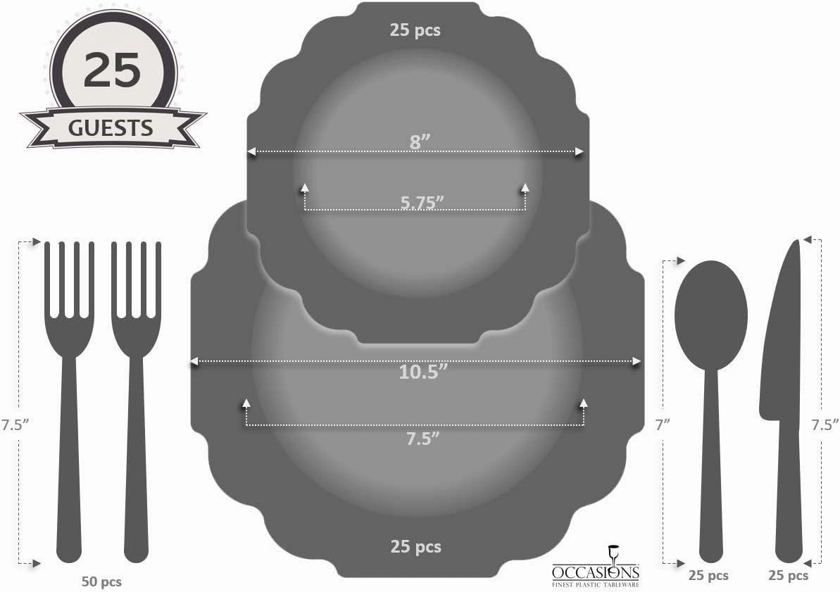 " OCCASIONS " 150 Piece set (25 Guests)-Wedding Plastic Plates & cutlery -Disposable heavyweight Dinnerware 10.5'', 8''   Silverware w/double fork (Imperial in White/Blue & Gold)