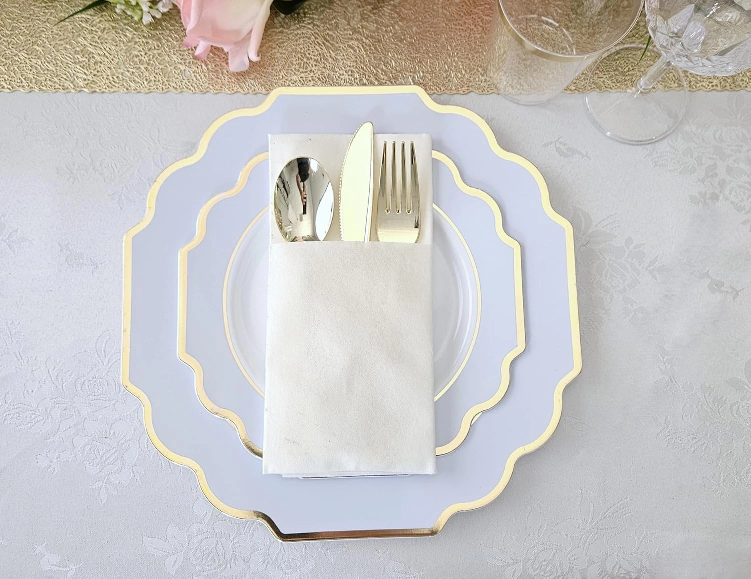 " OCCASIONS " 150 Piece set (25 Guests)-Wedding Plastic Plates & cutlery -Disposable heavyweight Dinnerware 10.5'', 8''   Silverware w/double fork (Imperial in White/Blue & Gold)