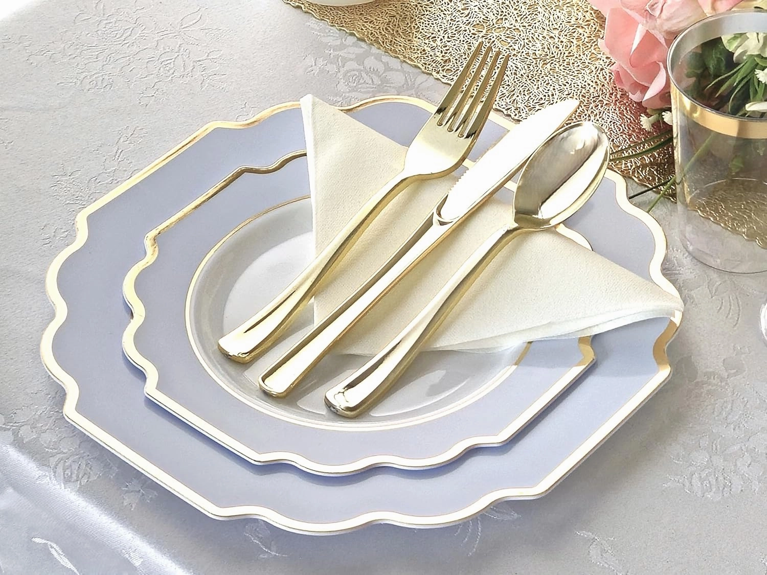 " OCCASIONS " 150 Piece set (25 Guests)-Wedding Plastic Plates & cutlery -Disposable heavyweight Dinnerware 10.5'', 8''   Silverware w/double fork (Imperial in White/Blue & Gold)