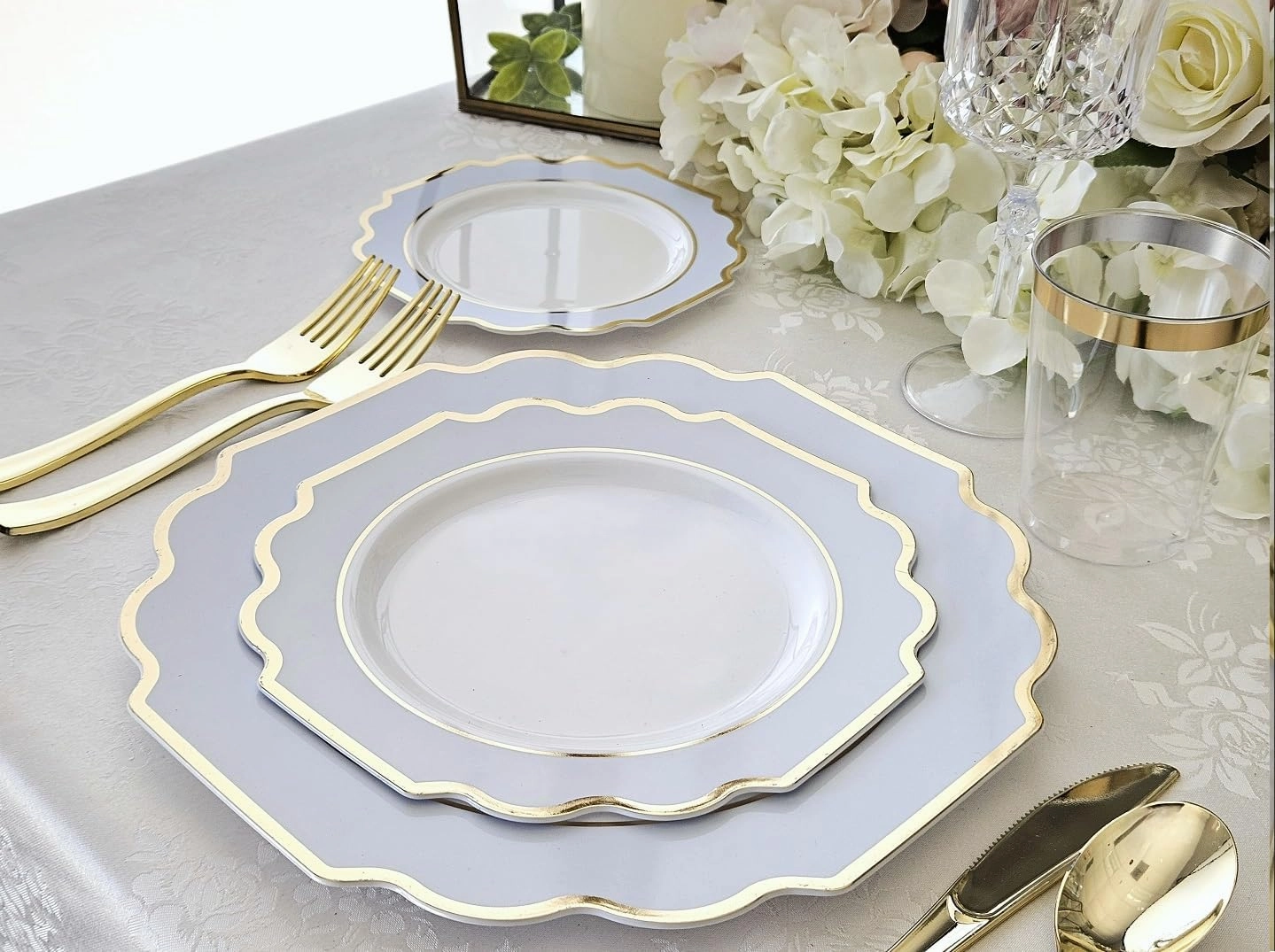 " OCCASIONS " 150 Piece set (25 Guests)-Wedding Plastic Plates & cutlery -Disposable heavyweight Dinnerware 10.5'', 8''   Silverware w/double fork (Imperial in White/Blue & Gold)