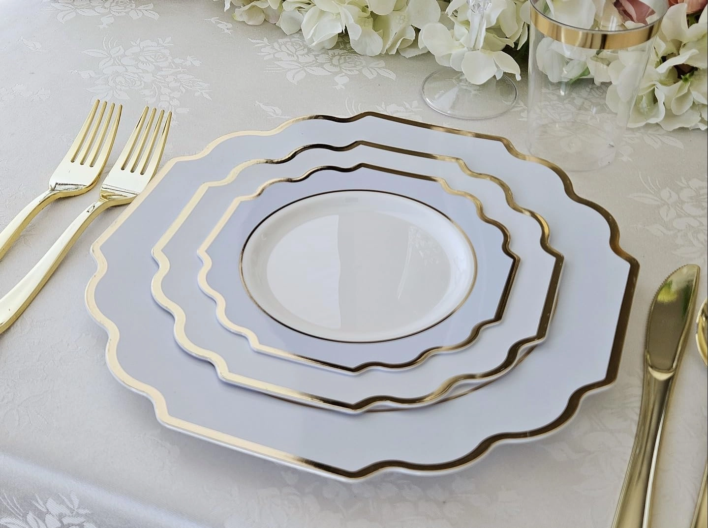 " OCCASIONS " 150 Piece set (25 Guests)-Wedding Plastic Plates & cutlery -Disposable heavyweight Dinnerware 10.5'', 8''   Silverware w/double fork (Imperial in White/Blue & Gold)