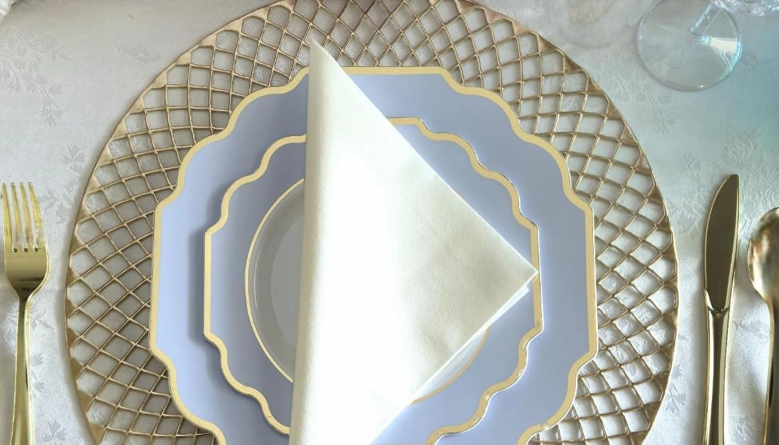 " OCCASIONS " 150 Piece set (25 Guests)-Wedding Plastic Plates & cutlery -Disposable heavyweight Dinnerware 10.5'', 8''   Silverware w/double fork (Imperial in White/Blue & Gold)