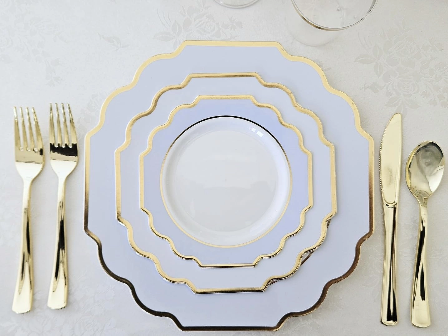 " OCCASIONS " 150 Piece set (25 Guests)-Wedding Plastic Plates & cutlery -Disposable heavyweight Dinnerware 10.5'', 8''   Silverware w/double fork (Imperial in White/Blue & Gold)