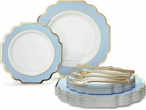" OCCASIONS " 150 Piece set (25 Guests)-Wedding Plastic Plates & cutlery -Disposable heavyweight Dinnerware 10.5'', 8''   Silverware w/double fork (Imperial in White/Blue & Gold)