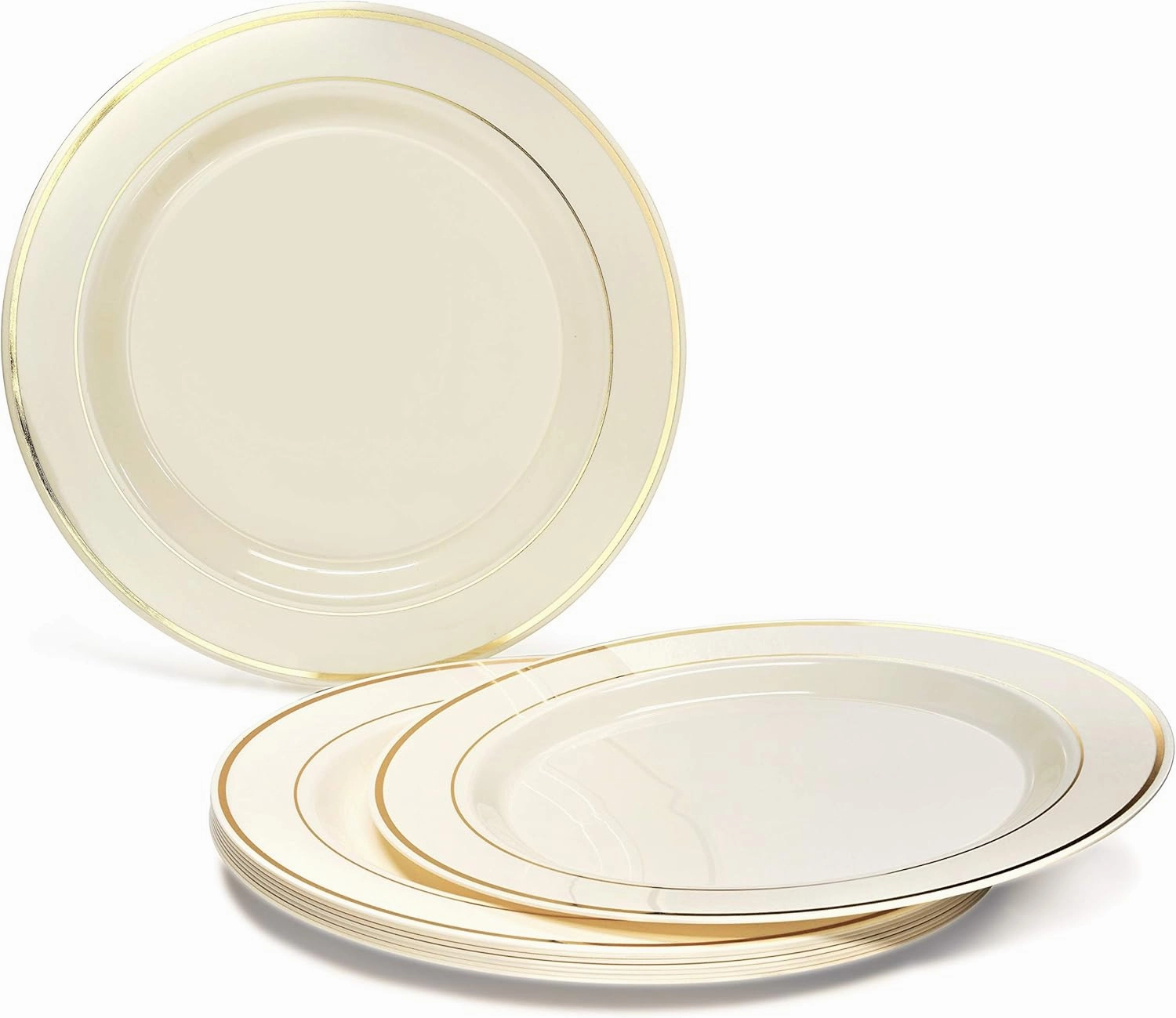 " OCCASIONS " 150pcs set (25 Guests)- Disposable Heavyweight DinnerwareWedding Plastic Plates & cutlery - 10.5'', 7.5''   Silverware w/double fork (Ivory & Gold Rim)