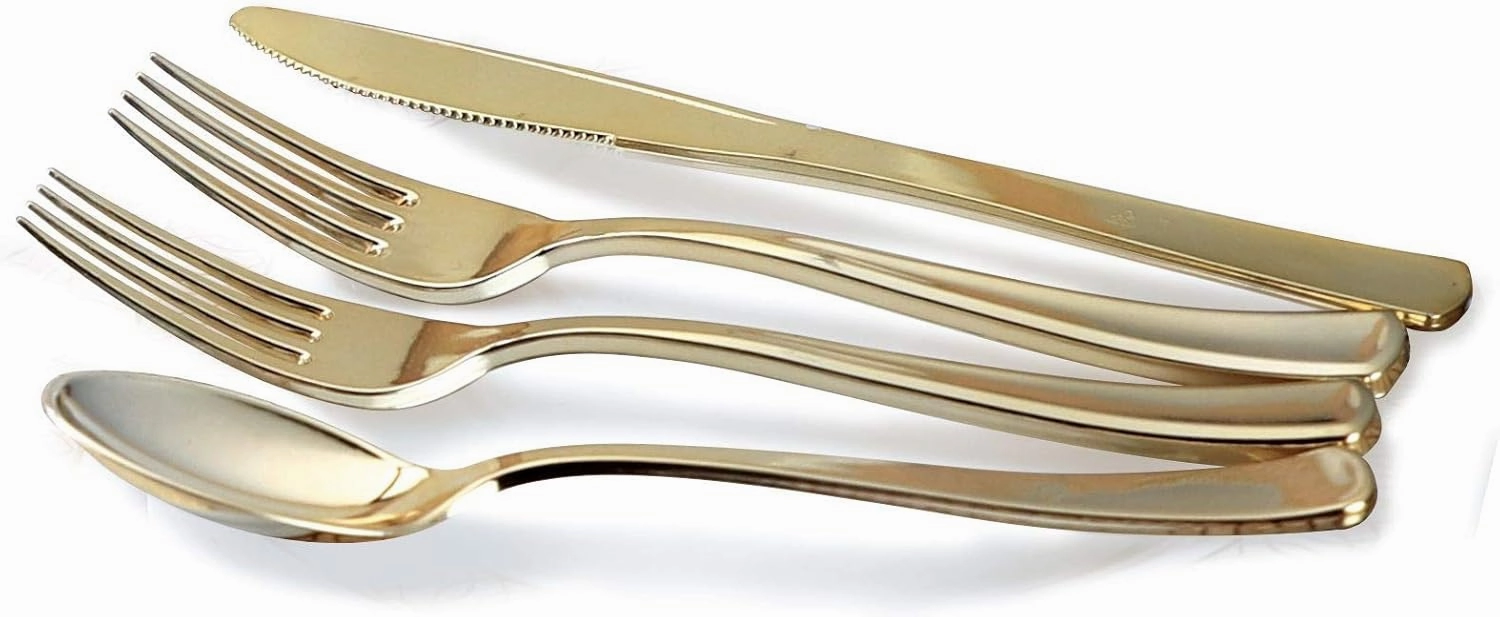 " OCCASIONS " 150pcs set (25 Guests)- Disposable Heavyweight DinnerwareWedding Plastic Plates & cutlery - 10.5'', 7.5''   Silverware w/double fork (Ivory & Gold Rim)