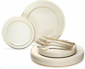 " OCCASIONS " 150pcs set (25 Guests)- Disposable Heavyweight DinnerwareWedding Plastic Plates & cutlery - 10.5'', 7.5''   Silverware w/double fork (Ivory & Gold Rim)