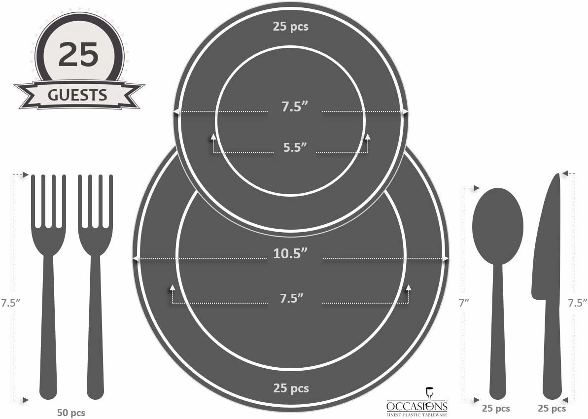 " OCCASIONS " 150pcs set (25 Guests)- Disposable Heavyweight DinnerwareWedding Plastic Plates & cutlery - 10.5'', 7.5''   Silverware w/double fork (Ivory & Gold Rim)