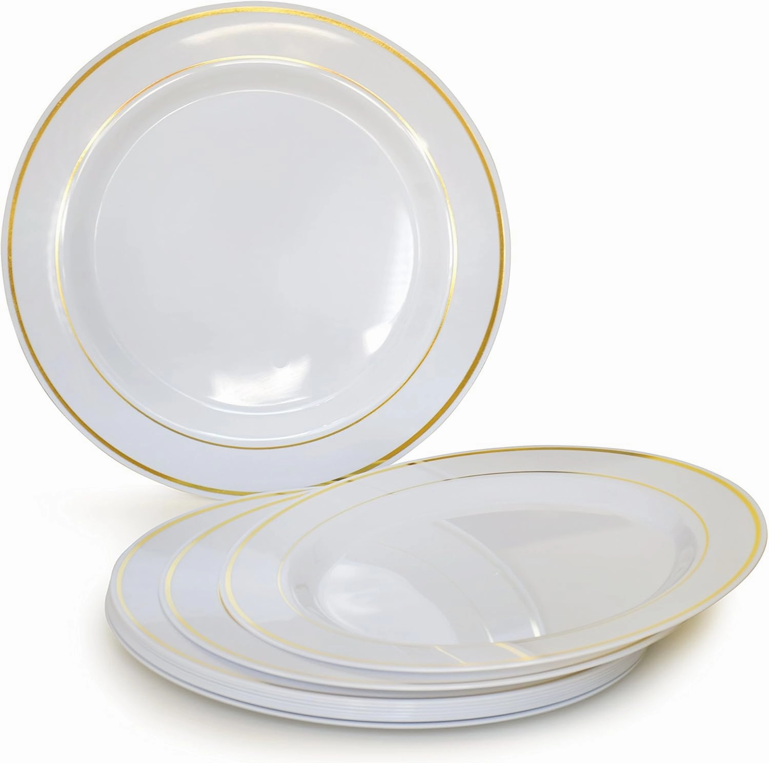 " OCCASIONS " 150pcs set (25 Guests)- Disposable Heavyweight DinnerwareWedding Plastic Plates & cutlery - 10.5'', 7.5''   Silverware w/double fork (White & Gold Rim)
