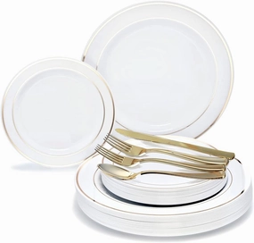 " OCCASIONS " 150pcs set (25 Guests)- Disposable Heavyweight DinnerwareWedding Plastic Plates & cutlery - 10.5'', 7.5''   Silverware w/double fork (White & Gold Rim)