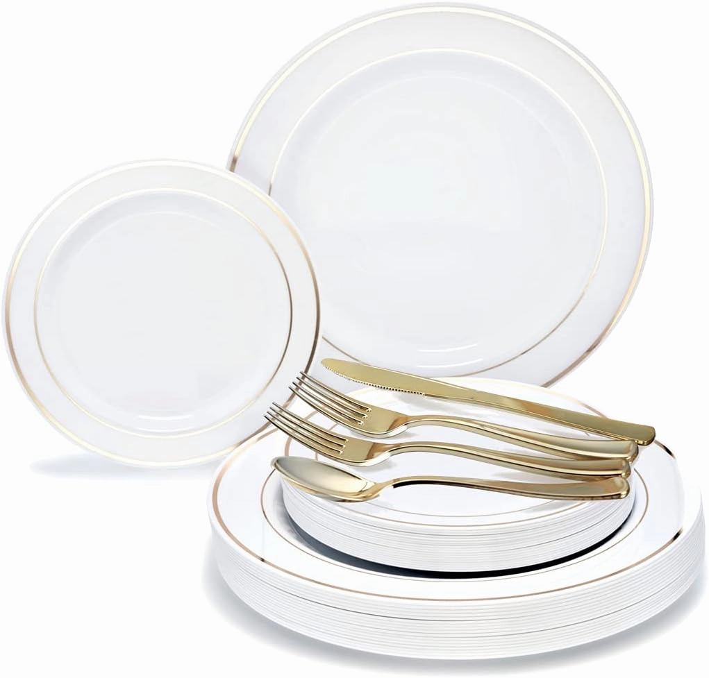 " OCCASIONS " 150pcs set (25 Guests)- Disposable Heavyweight DinnerwareWedding Plastic Plates & cutlery - 10.5'', 7.5''   Silverware w/double fork (White & Gold Rim)