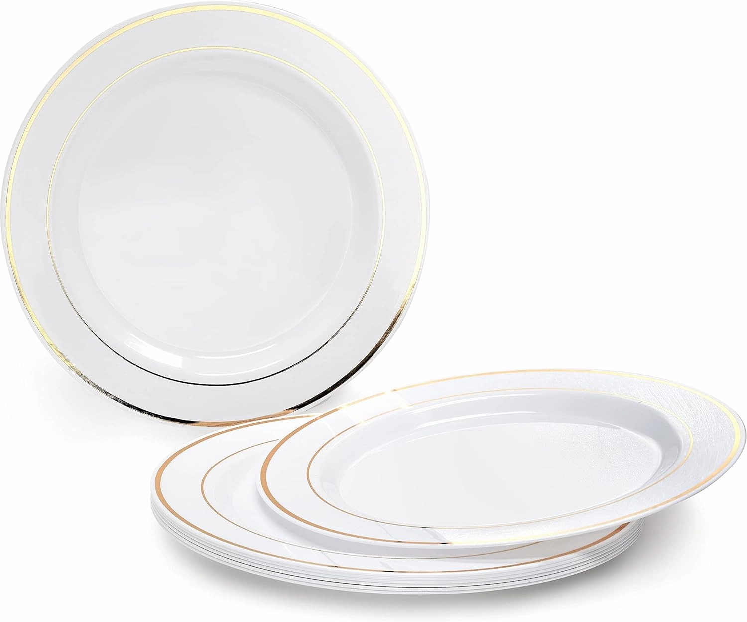 " OCCASIONS " 150pcs set (25 Guests)- Disposable Heavyweight DinnerwareWedding Plastic Plates & cutlery - 10.5'', 7.5''   Silverware w/double fork (White & Gold Rim)