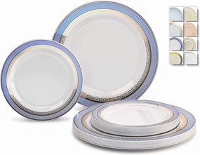" OCCASIONS " 240 Plates Pack,(120 Guests) Heavyweight Premium Disposable Plastic Plates Set -120 x 10.5'' Dinner   120 x 7.5'' Salad/Dessert (Louvre Blue/Gold)