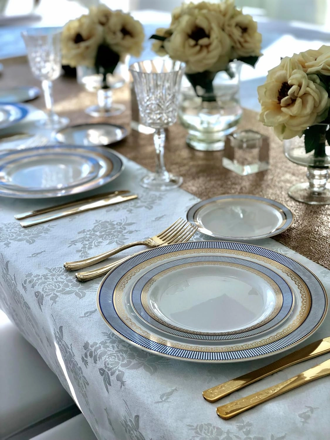" OCCASIONS " 240 Plates Pack,(120 Guests) Heavyweight Premium Disposable Plastic Plates Set -120 x 10.5'' Dinner   120 x 7.5'' Salad/Dessert (Louvre Blue/Gold)