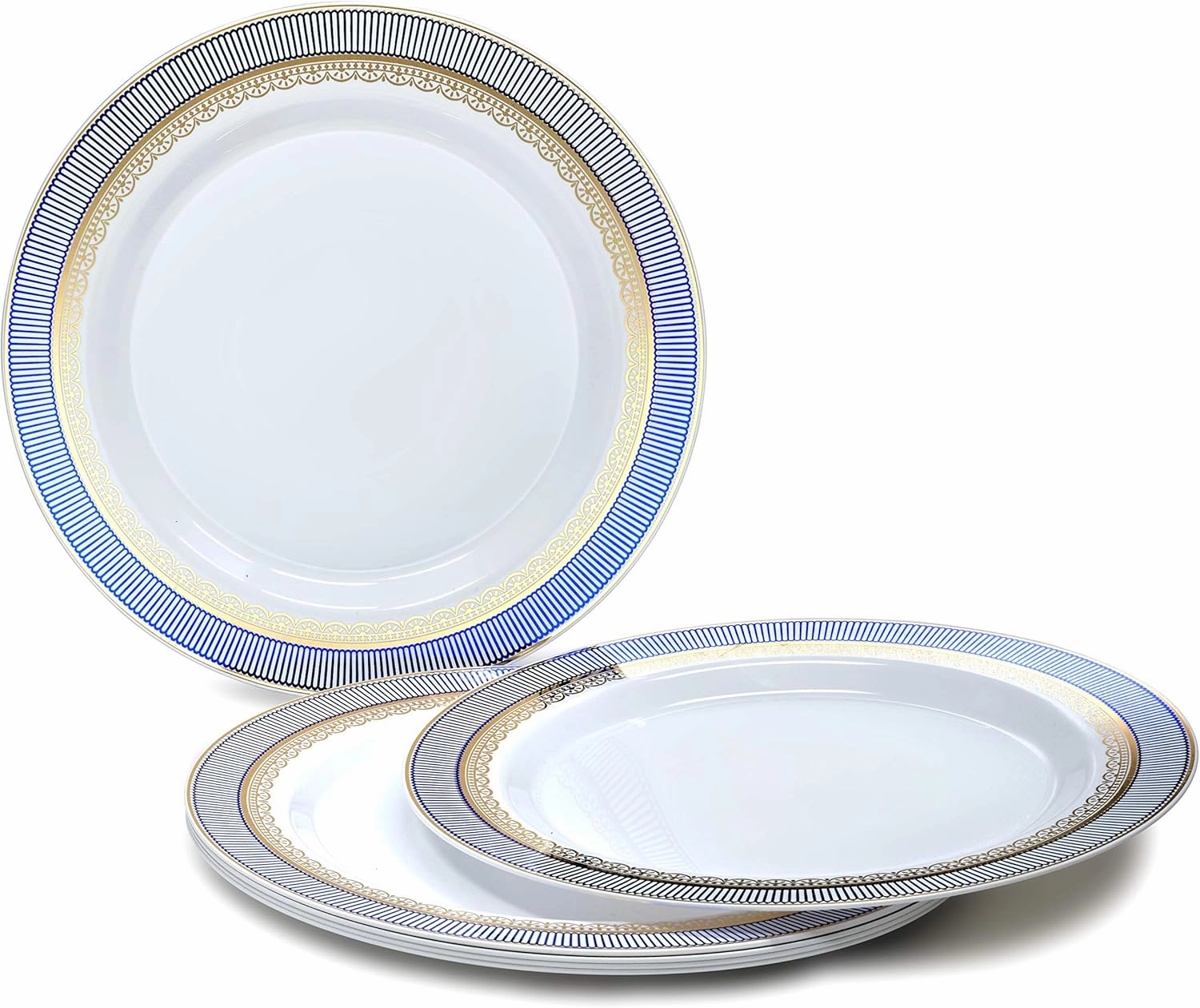 " OCCASIONS " 240 Plates Pack,(120 Guests) Heavyweight Premium Disposable Plastic Plates Set -120 x 10.5'' Dinner   120 x 7.5'' Salad/Dessert (Louvre Blue/Gold)