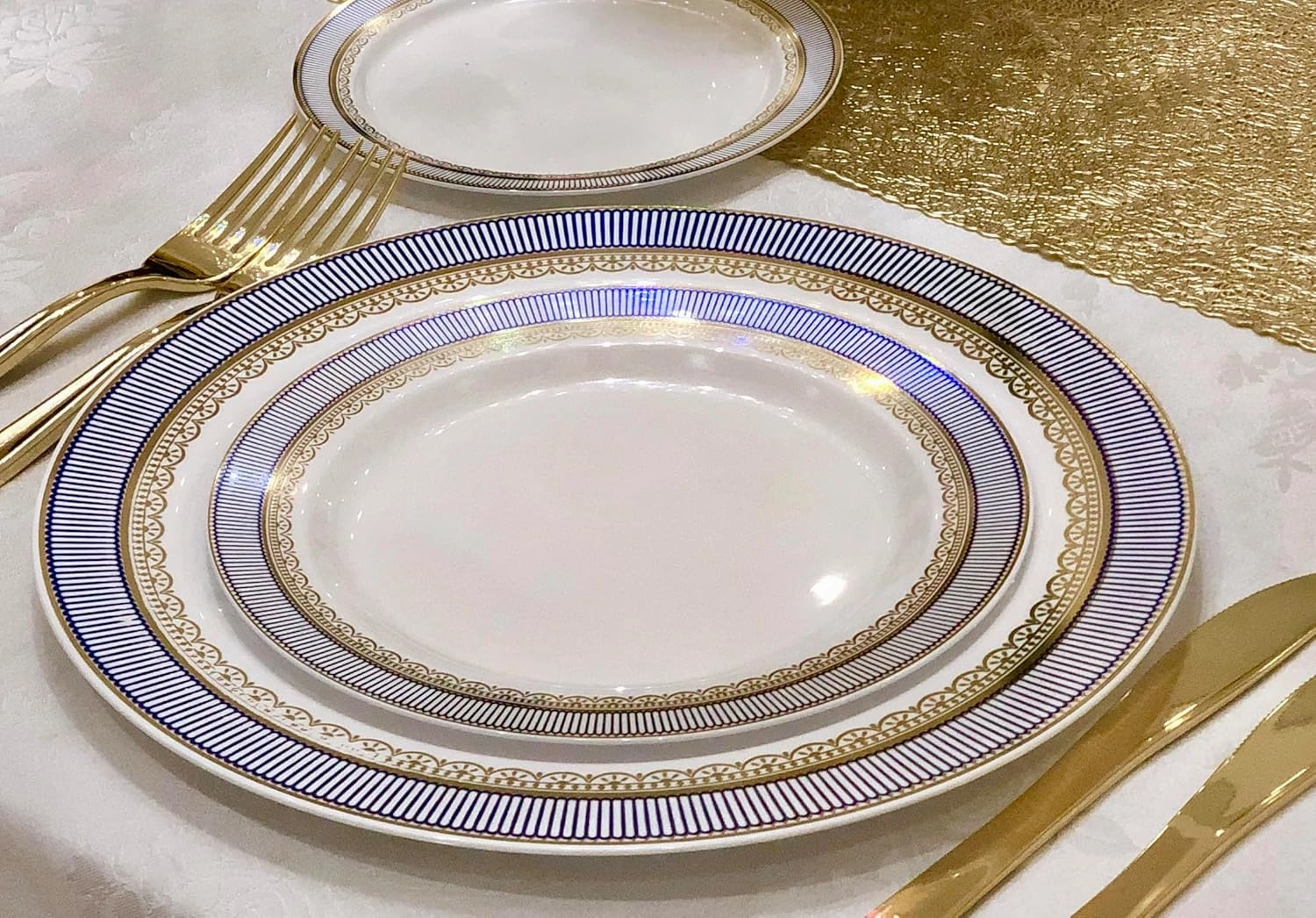 " OCCASIONS " 240 Plates Pack,(120 Guests) Heavyweight Premium Disposable Plastic Plates Set -120 x 10.5'' Dinner   120 x 7.5'' Salad/Dessert (Louvre Blue/Gold)