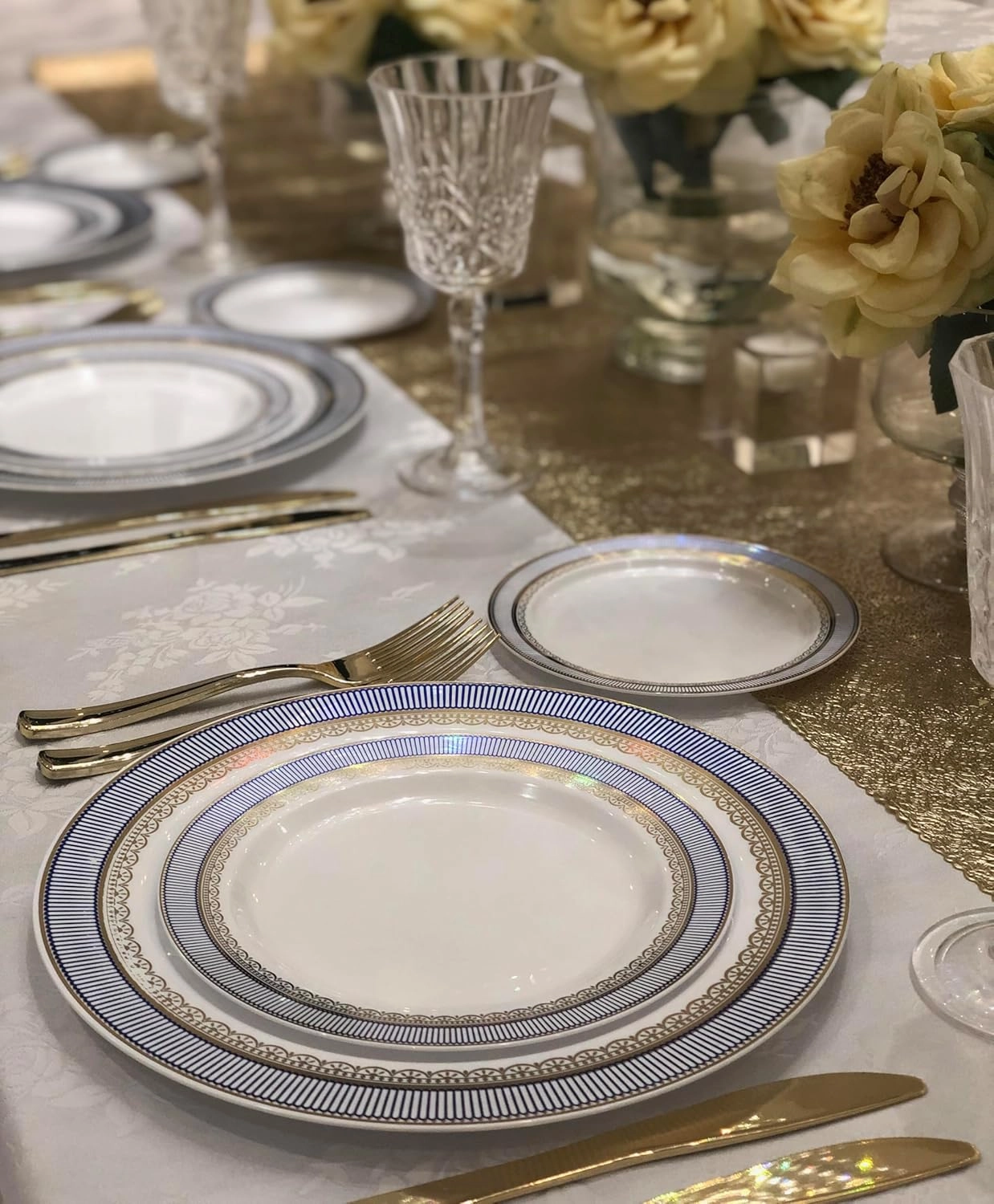 " OCCASIONS " 240 Plates Pack,(120 Guests) Heavyweight Premium Disposable Plastic Plates Set -120 x 10.5'' Dinner   120 x 7.5'' Salad/Dessert (Louvre Blue/Gold)