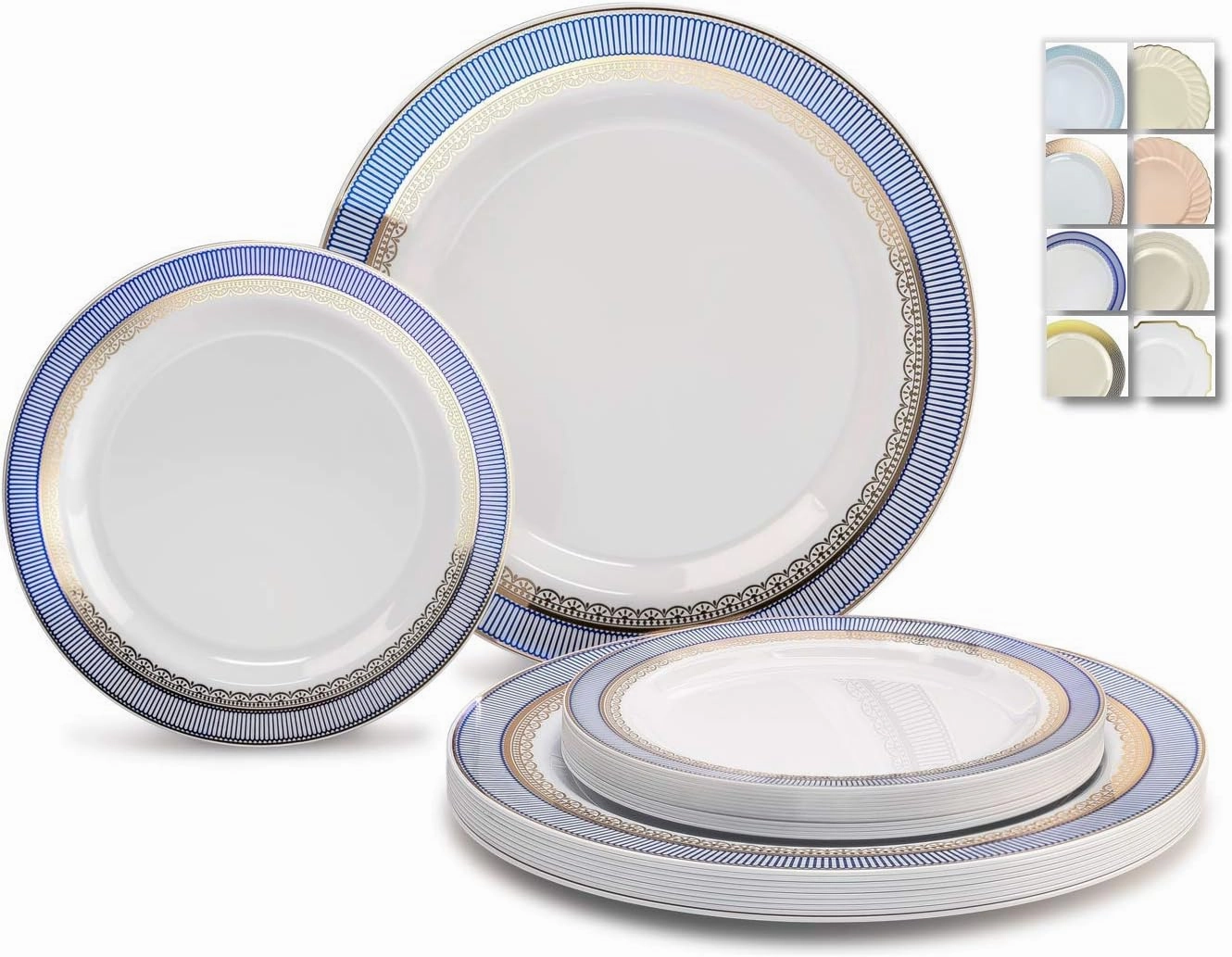 " OCCASIONS " 240 Plates Pack,(120 Guests) Heavyweight Premium Disposable Plastic Plates Set -120 x 10.5'' Dinner   120 x 7.5'' Salad/Dessert (Louvre Blue/Gold)
