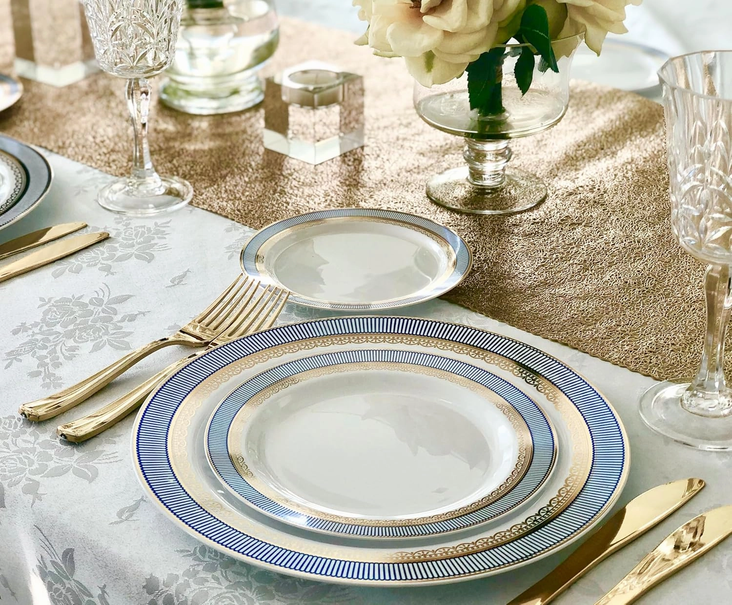 " OCCASIONS " 240 Plates Pack,(120 Guests) Heavyweight Premium Disposable Plastic Plates Set -120 x 10.5'' Dinner   120 x 7.5'' Salad/Dessert (Louvre Blue/Gold)