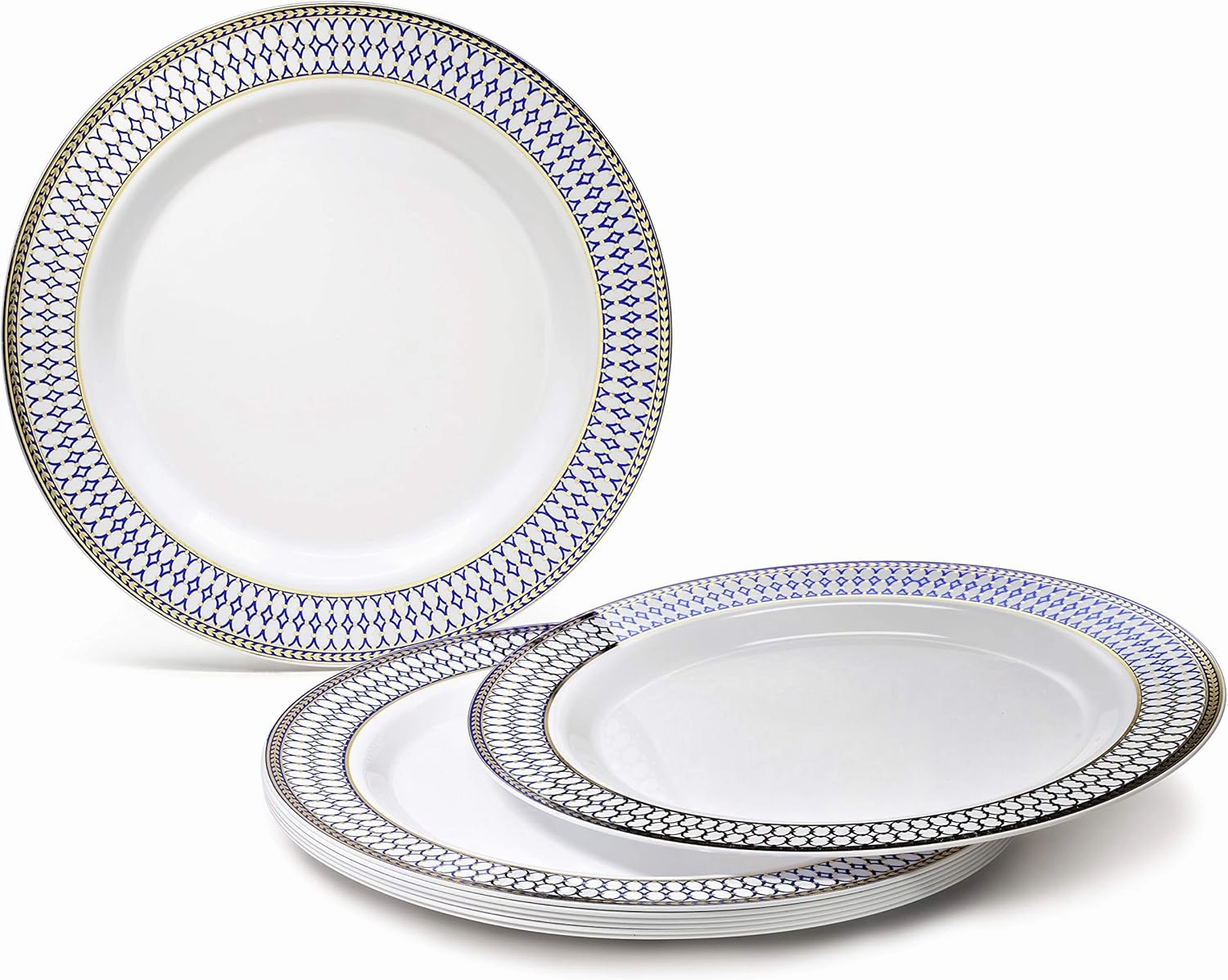 " OCCASIONS " 240 Plates Pack,(120 Guests) Heavyweight Premium Disposable Plastic Plates Set -120 x 10.5'' Dinner   120 x 7.5'' Salad/Dessert (Odyssey in White/Blue and Gold Rim)