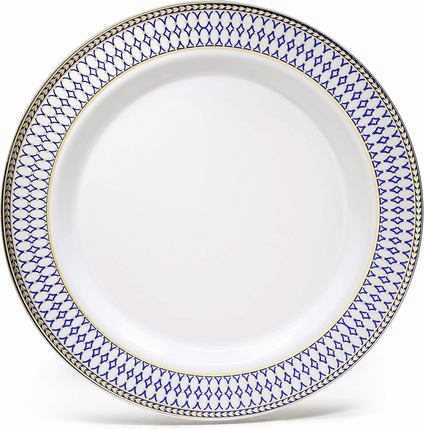 " OCCASIONS " 240 Plates Pack,(120 Guests) Heavyweight Premium Disposable Plastic Plates Set -120 x 10.5'' Dinner   120 x 7.5'' Salad/Dessert (Odyssey in White/Blue and Gold Rim)