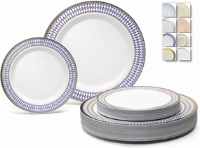 " OCCASIONS " 240 Plates Pack,(120 Guests) Heavyweight Premium Disposable Plastic Plates Set -120 x 10.5'' Dinner   120 x 7.5'' Salad/Dessert (Odyssey in White/Blue and Gold Rim)