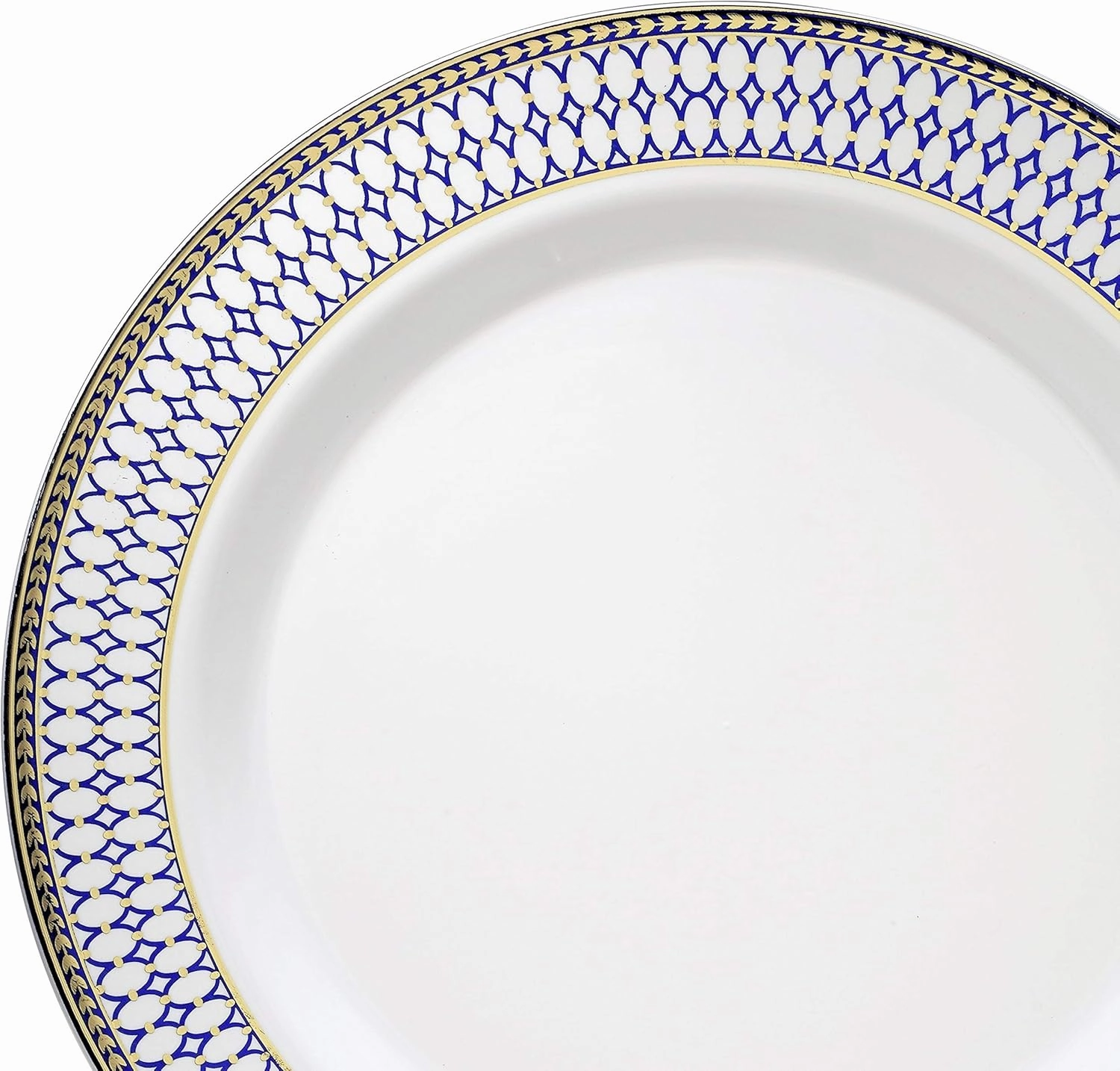 " OCCASIONS " 240 Plates Pack,(120 Guests) Heavyweight Premium Disposable Plastic Plates Set -120 x 10.5'' Dinner   120 x 7.5'' Salad/Dessert (Odyssey in White/Blue and Gold Rim)