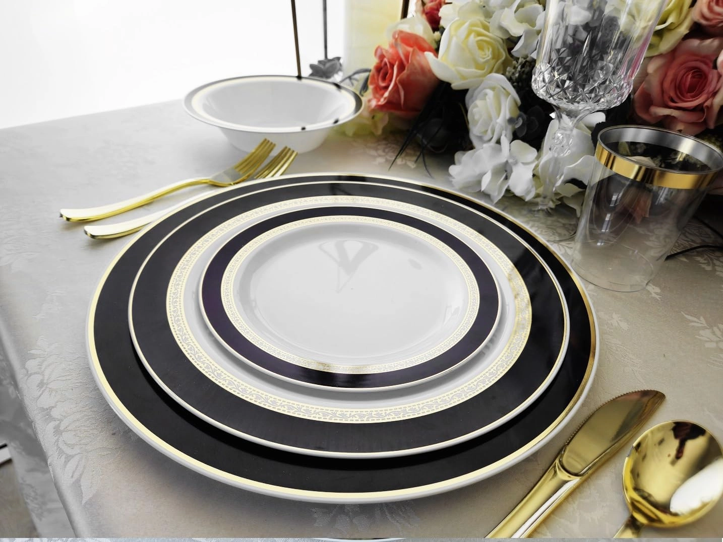 " OCCASIONS " 240 Plates Pack,(120 Guests) Heavyweight Premium Disposable Plastic Plates Set -120 x 10.5'' Dinner   120 x 7.5'' Salad/Dessert (Ritz Black and Gold)