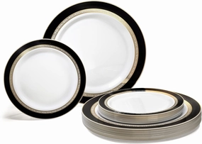 " OCCASIONS " 240 Plates Pack,(120 Guests) Heavyweight Premium Disposable Plastic Plates Set -120 x 10.5'' Dinner   120 x 7.5'' Salad/Dessert (Ritz Black and Gold)