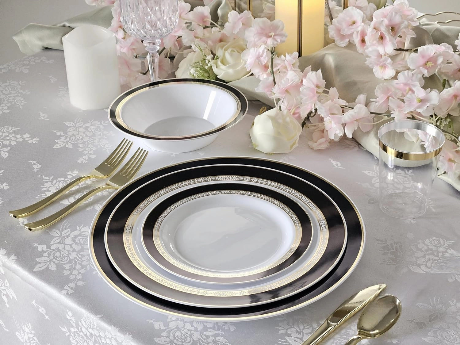 " OCCASIONS " 240 Plates Pack,(120 Guests) Heavyweight Premium Disposable Plastic Plates Set -120 x 10.5'' Dinner   120 x 7.5'' Salad/Dessert (Ritz Black and Gold)