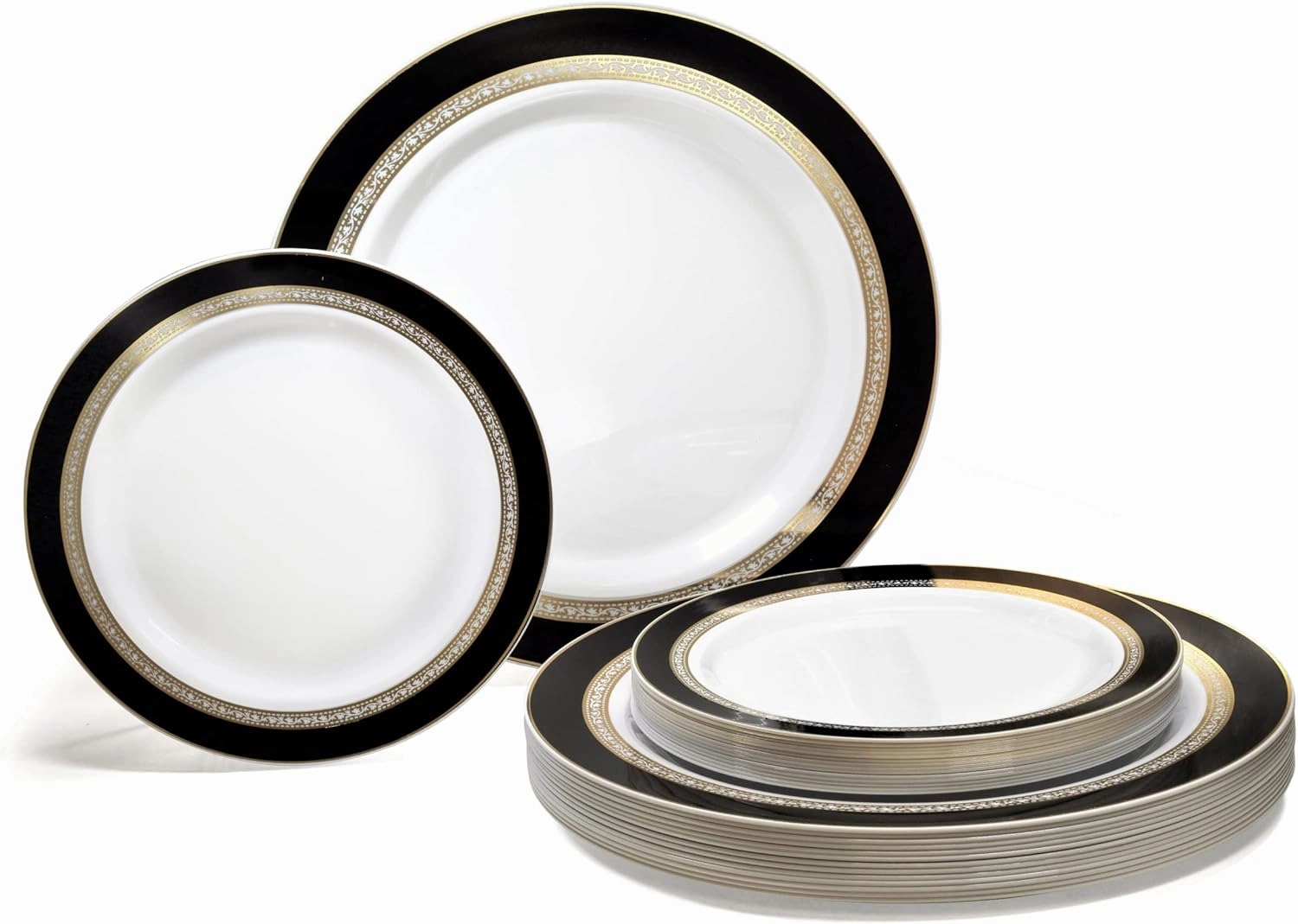 " OCCASIONS " 240 Plates Pack,(120 Guests) Heavyweight Premium Disposable Plastic Plates Set -120 x 10.5'' Dinner   120 x 7.5'' Salad/Dessert (Ritz Black and Gold)