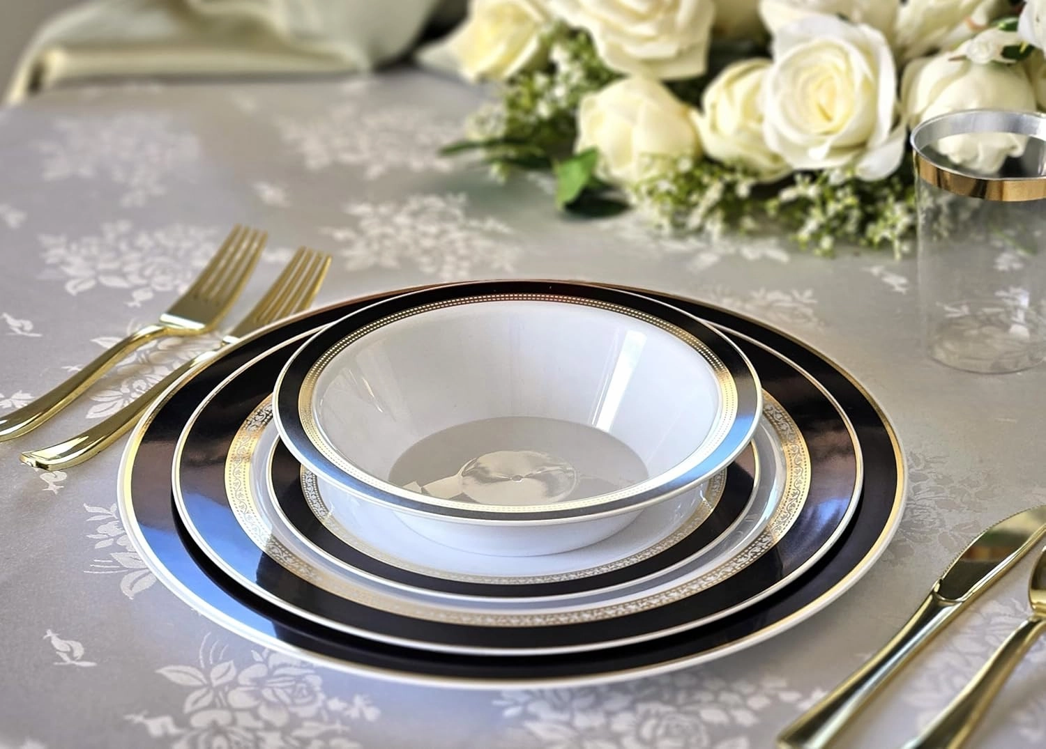 " OCCASIONS " 240 Plates Pack,(120 Guests) Heavyweight Premium Disposable Plastic Plates Set -120 x 10.5'' Dinner   120 x 7.5'' Salad/Dessert (Ritz Black and Gold)
