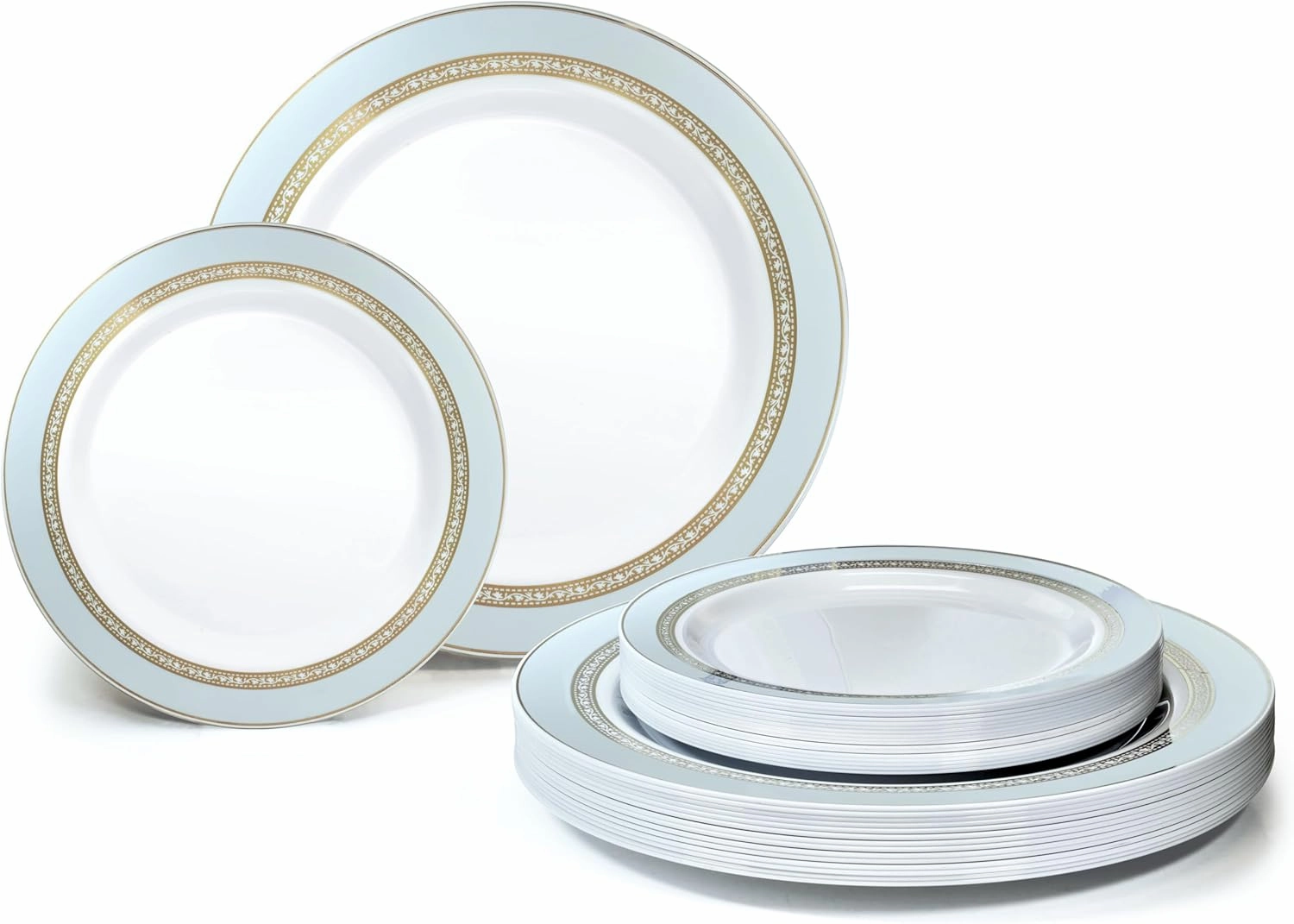 " OCCASIONS " 240 Plates Pack,(120 Guests) Heavyweight Premium Disposable Plastic Plates Set -120 x 10.5'' Dinner   120 x 7.5'' Salad/Dessert (Ritz Blue and Gold)