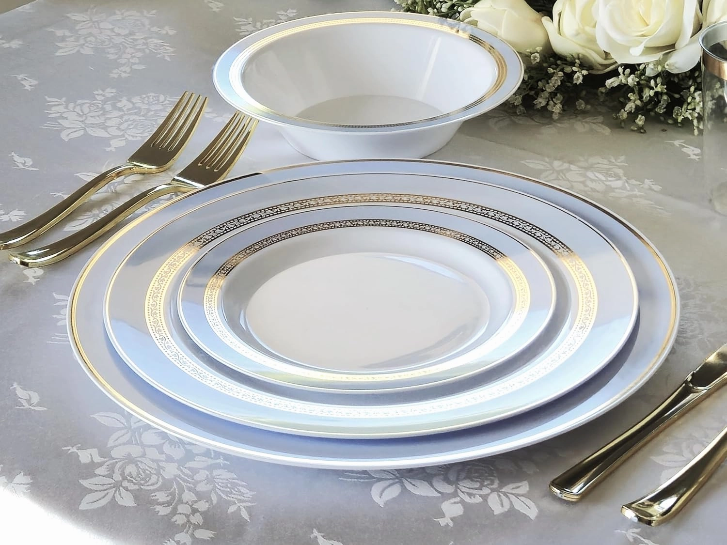 " OCCASIONS " 240 Plates Pack,(120 Guests) Heavyweight Premium Disposable Plastic Plates Set -120 x 10.5'' Dinner   120 x 7.5'' Salad/Dessert (Ritz Blue and Gold)