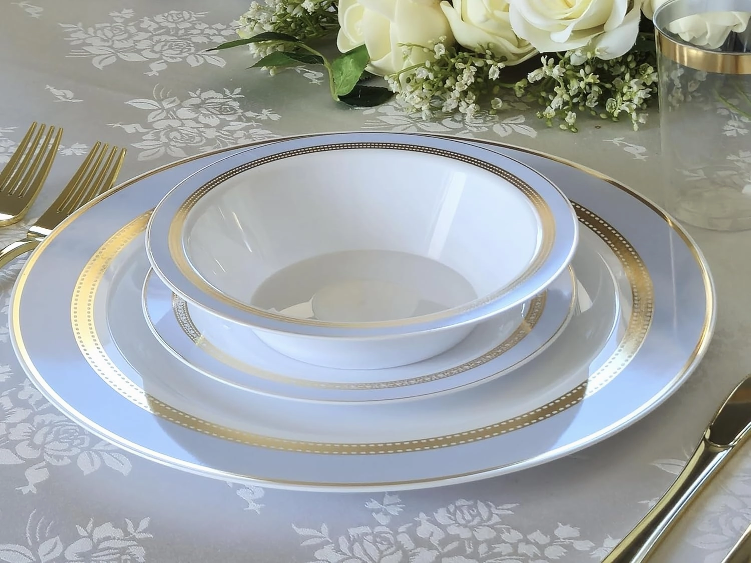 " OCCASIONS " 240 Plates Pack,(120 Guests) Heavyweight Premium Disposable Plastic Plates Set -120 x 10.5'' Dinner   120 x 7.5'' Salad/Dessert (Ritz Blue and Gold)