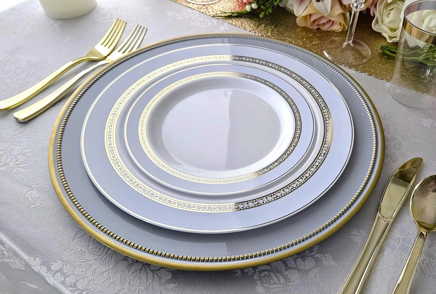 " OCCASIONS " 240 Plates Pack,(120 Guests) Heavyweight Premium Disposable Plastic Plates Set -120 x 10.5'' Dinner   120 x 7.5'' Salad/Dessert (Ritz Blue and Gold)