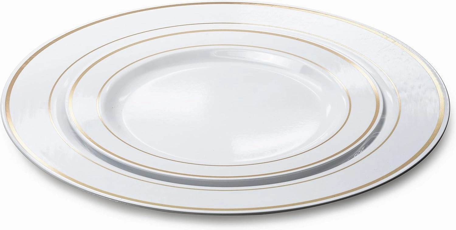 " OCCASIONS" 240 Plates Pack,(120 Guests) Heavyweight Premium Wedding Party Disposable Plastic Plates Set -120 x 10.5'' Dinner   120 x 7.5'' Salad/Dessert (White & Gold Rim)