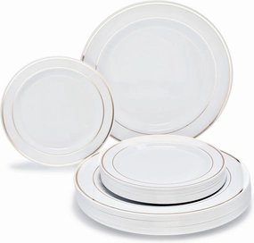 " OCCASIONS" 240 Plates Pack,(120 Guests) Heavyweight Premium Wedding Party Disposable Plastic Plates Set -120 x 10.5'' Dinner   120 x 7.5'' Salad/Dessert (White & Gold Rim)
