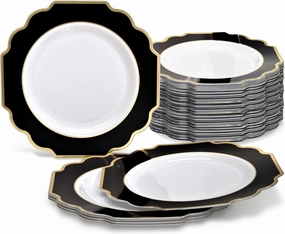 " OCCASIONS " 240 Plates Pack,(120 Guests) Heavyweight Wedding Party Disposable Plastic Plates Set -120 x 10.5'' Dinner   120 x 8'' Salad / Dessert (Imperial in Black & Gold)