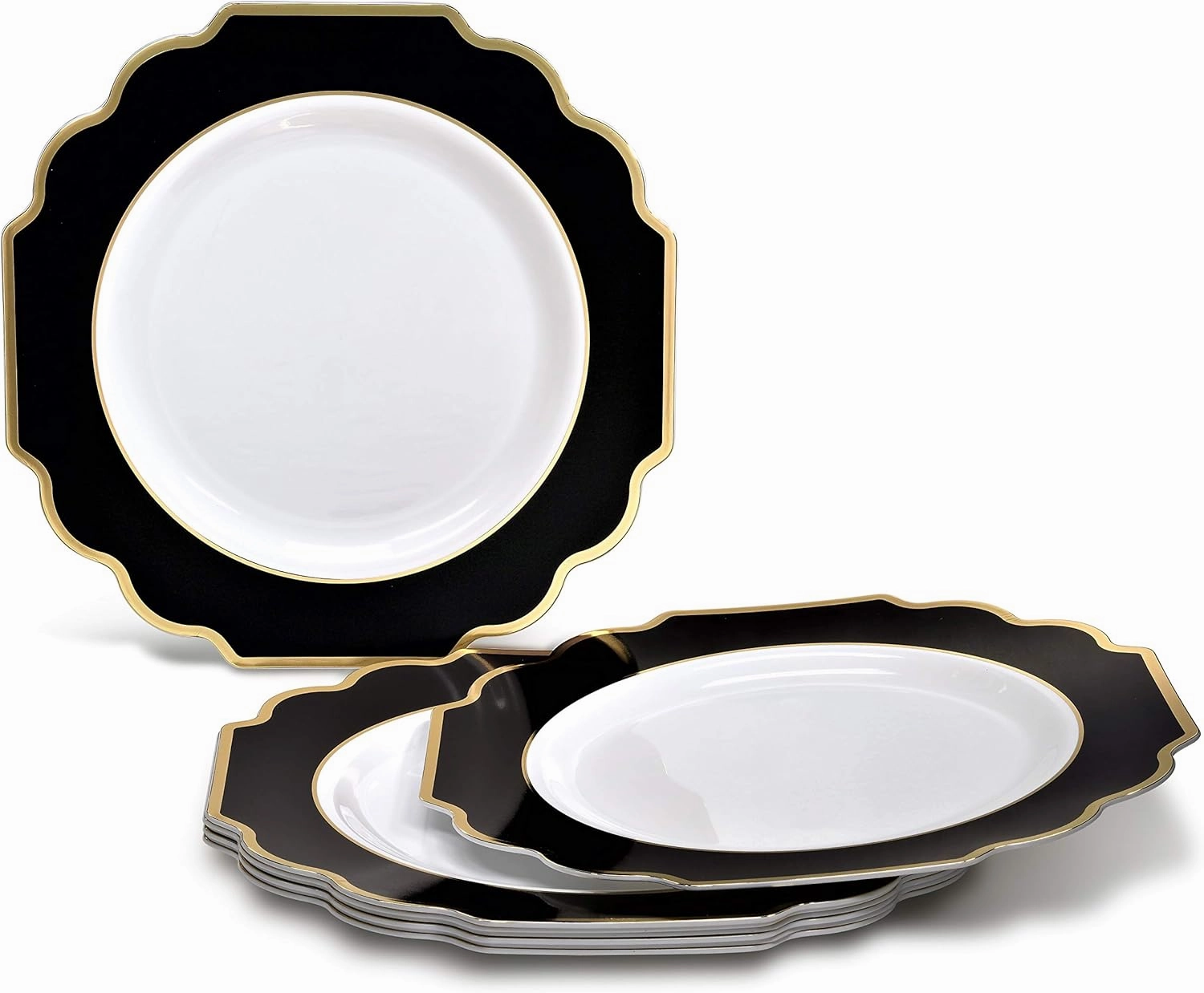" OCCASIONS " 240 Plates Pack,(120 Guests) Heavyweight Wedding Party Disposable Plastic Plates Set -120 x 10.5'' Dinner   120 x 8'' Salad / Dessert (Imperial in Black & Gold)