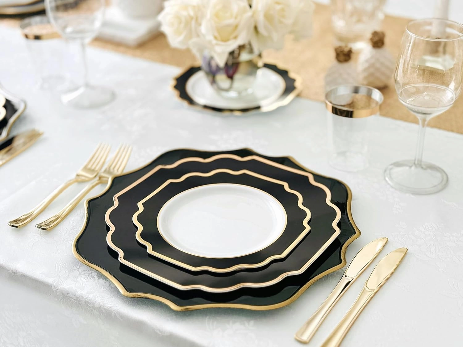 " OCCASIONS " 240 Plates Pack,(120 Guests) Heavyweight Wedding Party Disposable Plastic Plates Set -120 x 10.5'' Dinner   120 x 8'' Salad / Dessert (Imperial in Black & Gold)