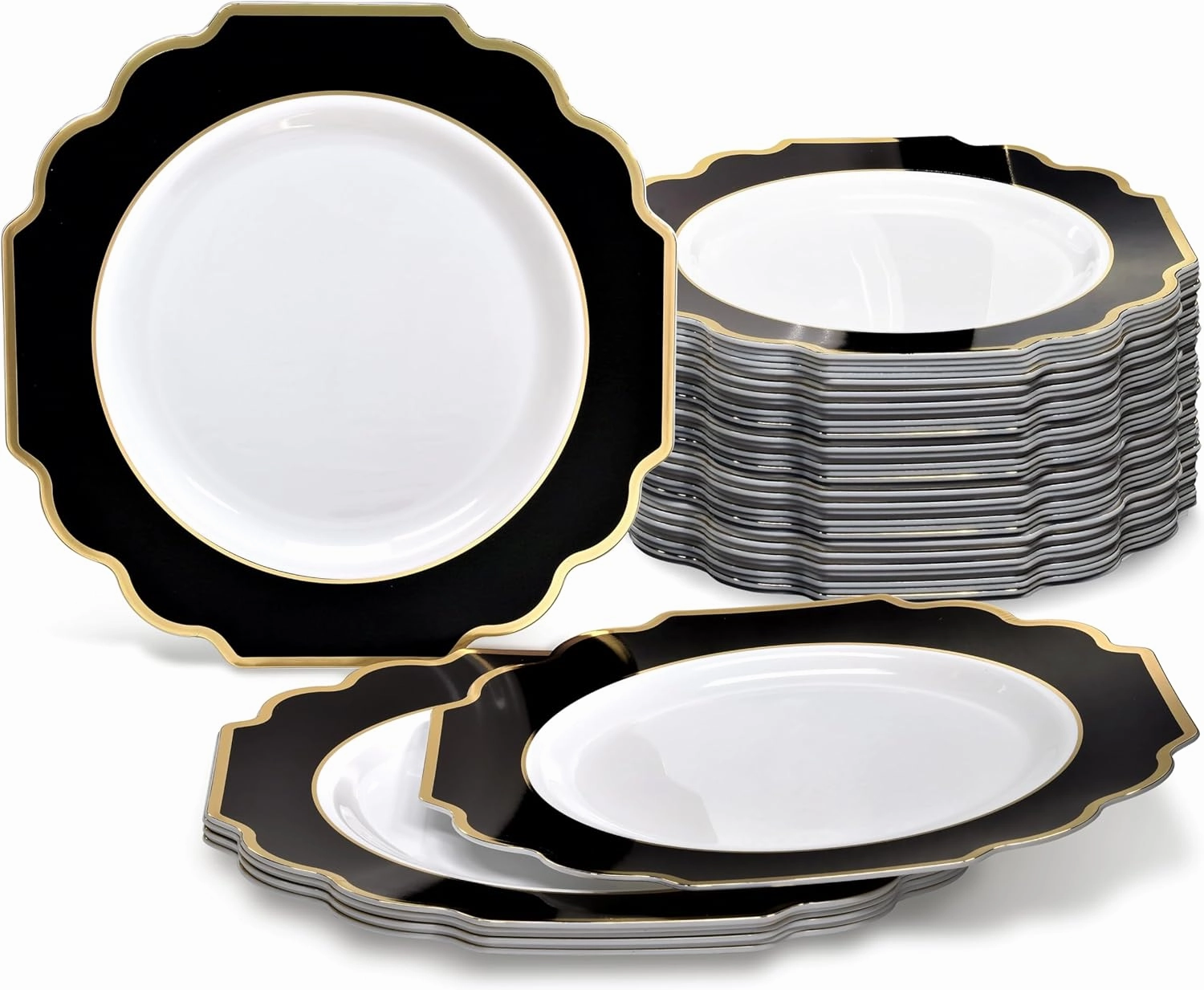 " OCCASIONS " 240 Plates Pack,(120 Guests) Heavyweight Wedding Party Disposable Plastic Plates Set -120 x 10.5'' Dinner   120 x 8'' Salad / Dessert (Imperial in Black & Gold)