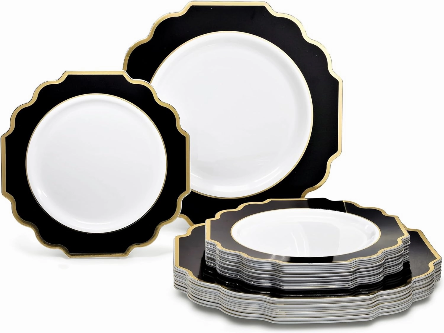 " OCCASIONS " 240 Plates Pack,(120 Guests) Heavyweight Wedding Party Disposable Plastic Plates Set -120 x 10.5'' Dinner   120 x 8'' Salad / Dessert (Imperial in Black & Gold)