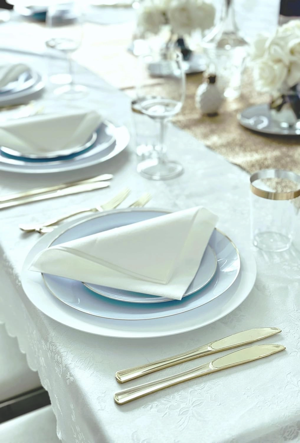 " OCCASIONS " 240 Plates Pack,(120 Guests) Premium Wedding Party Disposable Plastic Plates Set -120 x 10.25'' Dinner   120 x 7.5'' Salad/Dessert (Bali, Blue & Gold)